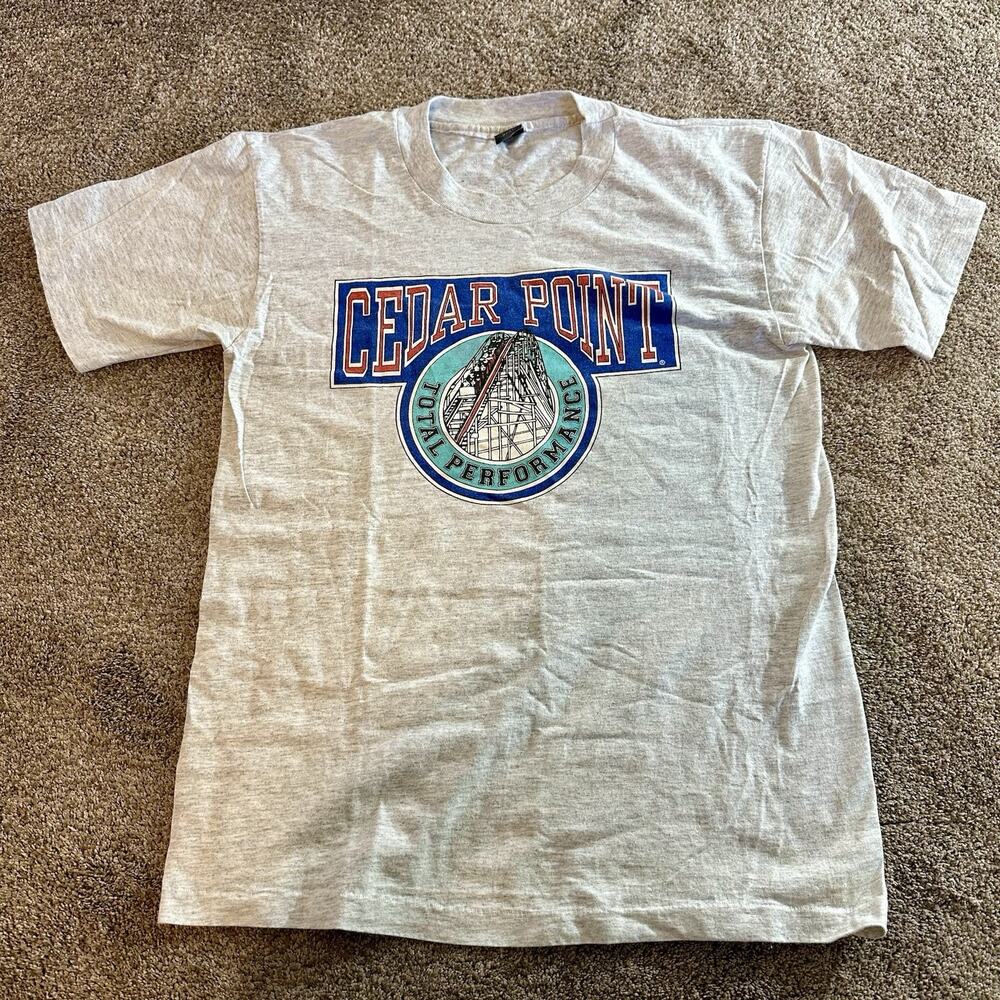 vtg 80s CEDAR POINT TOTAL PERFORMANCE ROLLER COASTER HEATHERED GRAY T-Shirt L
